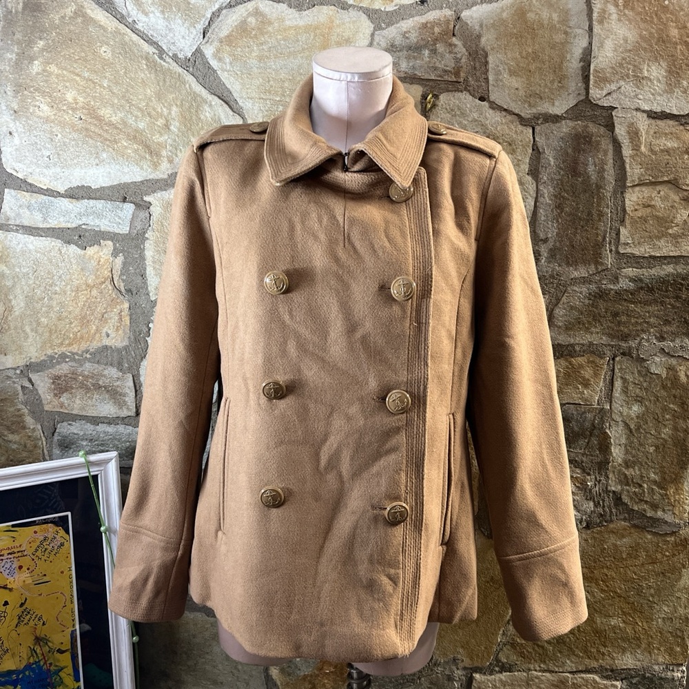 Vintage Camel Wool-Blend Pea Coat w/ Leopard Print Lining